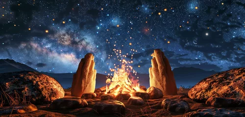 Fotobehang Three joyous fingers sitting around a campfire, with starry skies above and © Aaron Gallery  