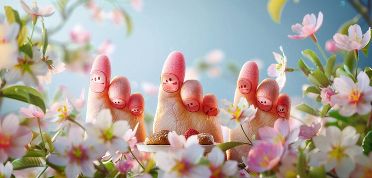 Three joyous fingers having a picnic in a blooming cherry blossom garden, with