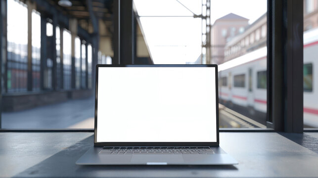 A laptop with a blank white screen opened on the bench at the train station, blurring the background