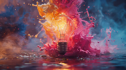 Lightbulb eureka moment depicted with impactful paint explosion symbolizes burst of creativity, fusion of thought, artistic expression