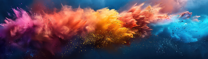 Isolated explosion of multicolored holi powder captures vivid festive joy, cultural vibrancy, essence of celebration with spontaneous burst of colors in traditional festival setting - obrazy, fototapety, plakaty