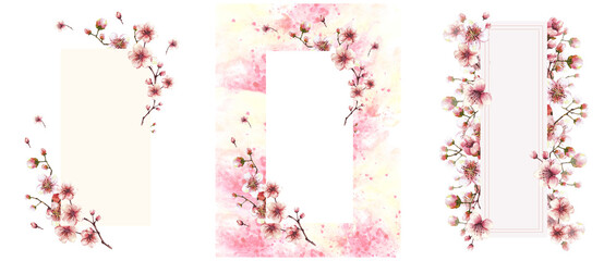 A blossoming branch from spring tree card set illustration. Hand drawn blossoms sakura, cherry or apple buds and flowers on watercolor stain splashes background. Springtime card Isolated illustration - obrazy, fototapety, plakaty