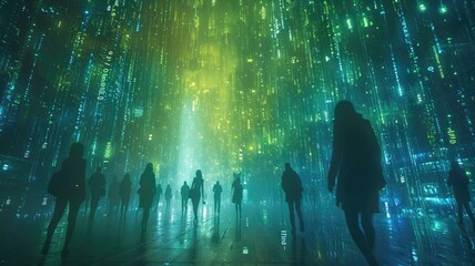 The picture of the group people that has been walking into the endless walkway that has been raining with the digital matrix green binary rain of code that seem like people search something. AIGX01. - obrazy, fototapety, plakaty