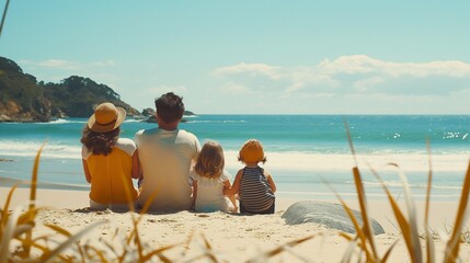 Family sitting on the beach and looking at the sea, a couple with two children