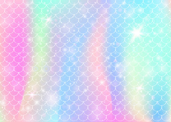 Rainbow scales background with kawaii mermaid princess pattern. Fish tail banner with magic sparkles and stars. Sea fantasy invitation for girlie party. Fluorescent backdrop with rainbow scales.