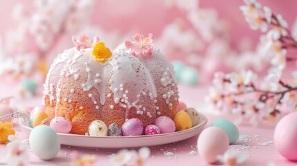 Obraz na płótnie Canvas Easter cake garnished with sugar on a Beautiful Pink background