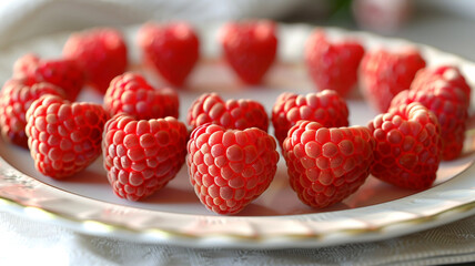 Vibrant image of heart-shaped raspberries arranged on a dessert plate, ready for your love note.