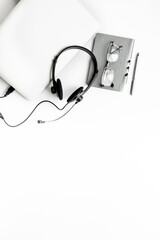 Call center operator desktop, customer service help with headphones headset and laptop