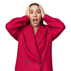 Modern young Caucasian woman portrait on studio background screaming, very excited, passionate, satisfied with something.