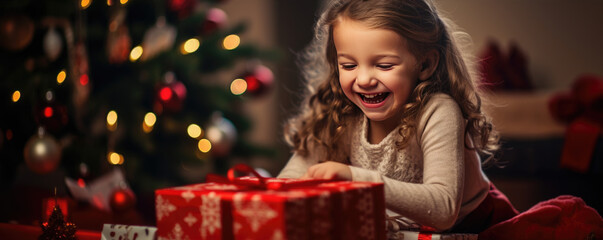 Happy cute girl is surprised in opening his christmas presents - obrazy, fototapety, plakaty