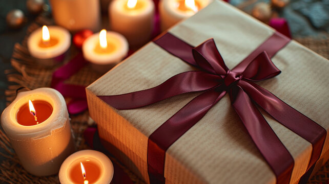 A close-up image featuring a rustic gift box wrapped in kraft paper and tied with a crimson ribbon, surrounded by softly lit candles.