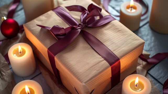 A close-up image featuring a rustic gift box wrapped in kraft paper and tied with a crimson ribbon, surrounded by softly lit candles.