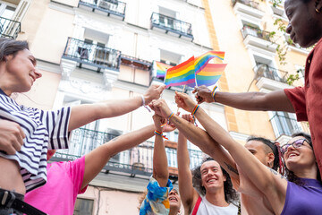 Fototapeta na wymiar A group of people are holding rainbow flags and smiling