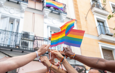 A group of people are holding rainbow flags and smiling