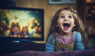 Happy cute girl is excited watching fairy tales on TV - obrazy, fototapety, plakaty