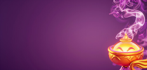 A close-up of a genie emoji with a lamp and smoke, symbolizing wishes or magic, on a purple background with
