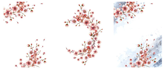 Branch from spring sakura, cherry tree Card, wreath template illustration Hand drawn blossoms trees, buds, flowers on grey watercolor spots splashes background Springtime clipart Isolated illustration © Bartol_art