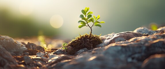 an image of a small tree on a rocky slope, in the style of environmentally inspired, sunrays shine upon it, miniaturecore, environmental awareness, anti-clutter, minimalist designs, thought-provoking - obrazy, fototapety, plakaty