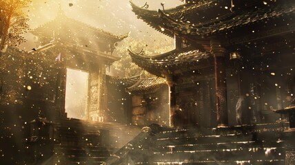 Golden light illuminating ancient oriental temple - Golden sunlight bathes an ancient oriental temple, adding magic to this serene, majestic scene