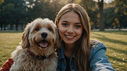 A girl taking a selfie with her pet dog in the park