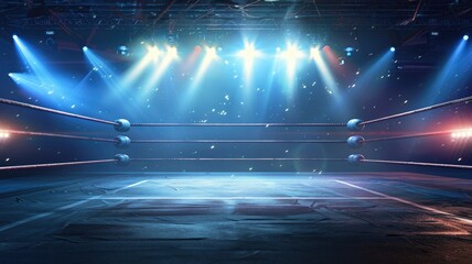 Illuminated Boxing Ring with Blue Lights - This image features an illuminated boxing ring bathed in atmospheric blue and white lights, creating a dramatic effect