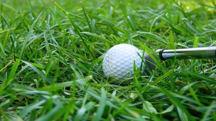 Precision at play! Close-up of golf club and ball in lush grass, epitomizing focus and skill on the serene course.