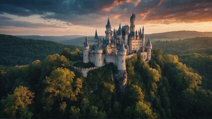 A magical fairy-tale setting with enchanted forests and castles