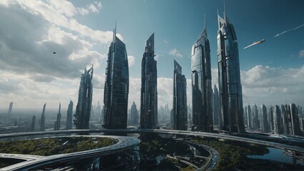 A futuristic sci-fi world with sleek technology and skyscrapers