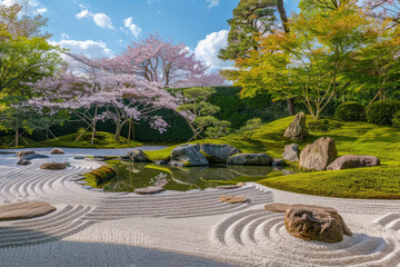A Japanese garden with a pond and cherry blossoms