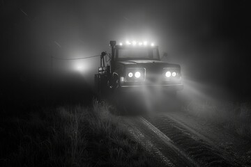 Off-road vehicle lights in the foggy night - A rugged off-road vehicle pierces through the fog with its powerful headlights on a remote, misty trail - obrazy, fototapety, plakaty
