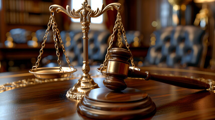 A detailed gavel and scales of justice set on a polished wooden desk in a courtroom.