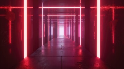 Red and pink neon tunnel with urban vibe - An urban-themed image displaying a tunnel bathed in deep red and pink hues, accentuated by neon lights