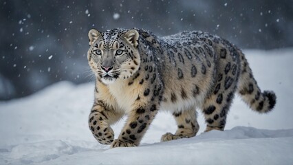 A rare snow leopard sneaking around in the snow.