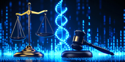 Golden scales of justice and a gavel with a digital DNA sequence backdrop symbolizing biolaw. - obrazy, fototapety, plakaty