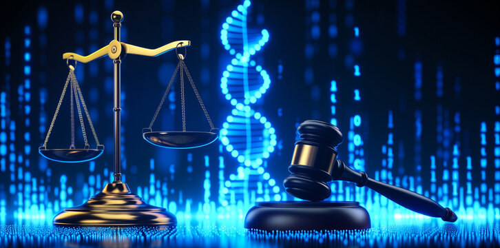 Golden scales of justice and a gavel with a digital DNA sequence backdrop symbolizing biolaw.