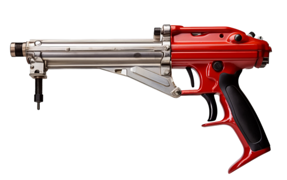 Red and black toy gun standing out on a white background