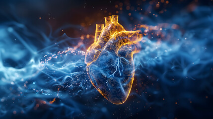 Futuristic illustration of the human heart in yellow and blue colors