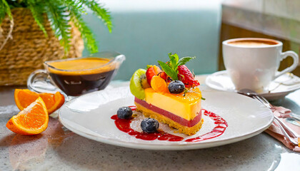 Fruit dessert on a plate with coffee in a mug. Owocowy deser na talerzu z kawą w kubku. - obrazy, fototapety, plakaty