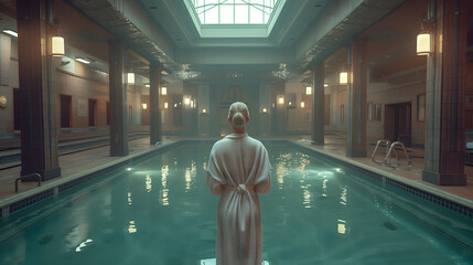 A blonde woman in a white robe stands in front of a huge pool in the spa - Powered by Adobe