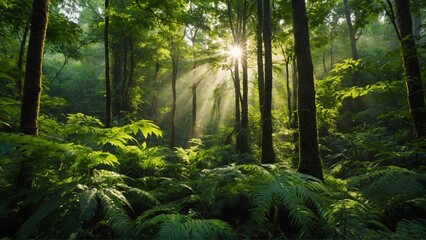 A lush green forest with sunlight filtering through the leaves