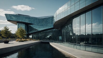 A futuristic building with sleek glass facades