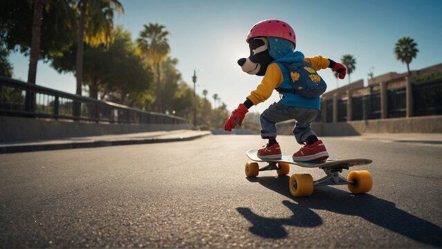 A cartoon character riding a skateboard