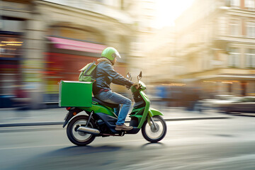 Delivery man riding a motorcycle through a big city