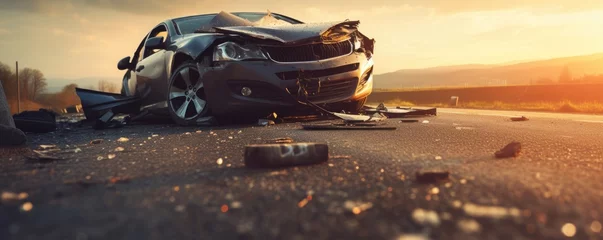 Rolgordijnen Damaged car on the road after car accident © Filip