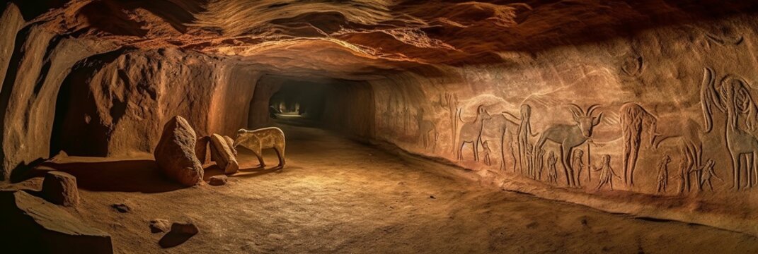 Cave with carved rock paintings background. Empty ancient stone corridor with primitive sculptures on the wall with animals and people