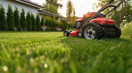 Lawn mower cutting green grass in garden. Gardening concept