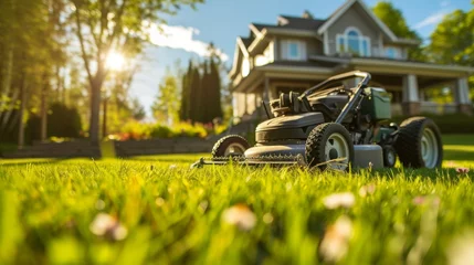 Fotobehang Lawn mower on green grass in front of a beautiful house © Олег Фадеев