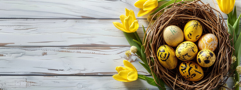 Happy Easter holiday celebration  greeting card with painted eggs in bird nest basket and yellow tulip flowers on white painted wooden  background. Top view, flat lay with copy space,