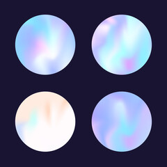 Gradient round set with holographic mesh. Abstract hologram. Iridescent gradient round set. Minimalistic 90s, 80s retro style graphic template for flyer, poster, banner, mobile app.