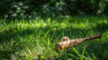 Obraz premium Baseball bat, glove, and ball rest on lush green grass, inviting sporty adventures and tales of victory.